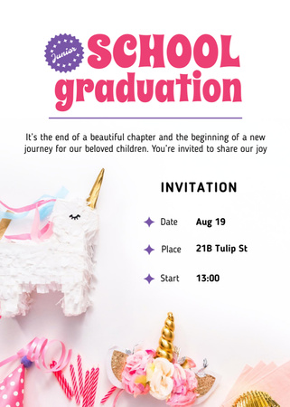 School Graduation Announcement with Cute Unicorns Invitation Design Template