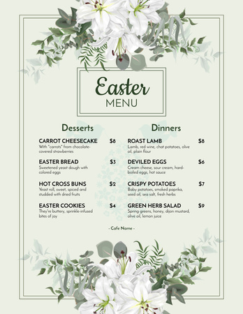 Easter Meals Offer with Tender Lily Flowers Menu 8.5x11in Design Template