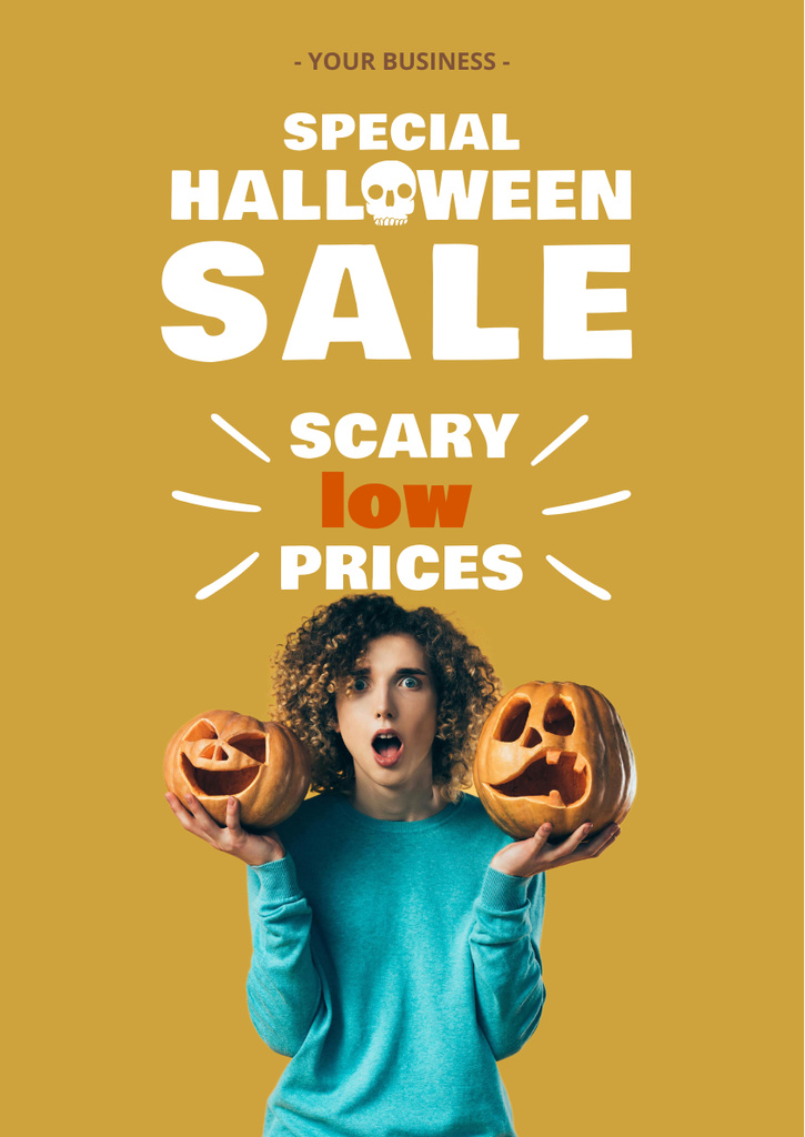 Halloween Sale with Girl holding Pumpkins Poster A3 Design Template