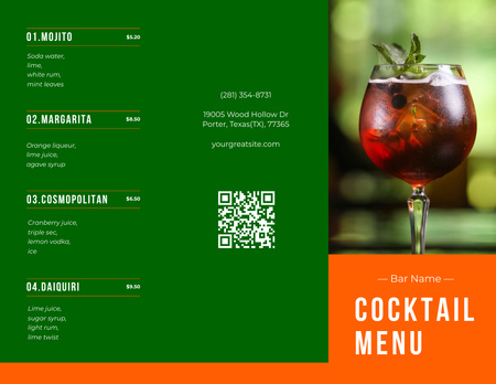Cocktail With Mint In Glass Offer Menu 11x8.5in Tri-Fold Design Template