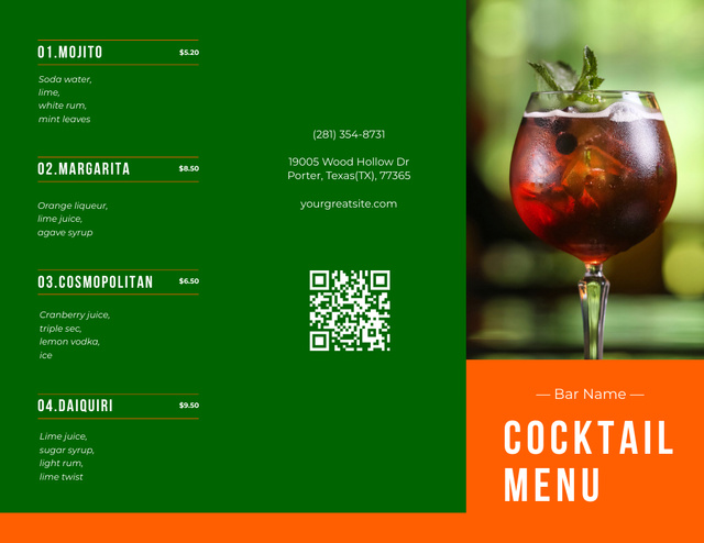 Cocktail With Mint In Glass Offer Menu 11x8.5in Tri-Fold Tasarım Şablonu