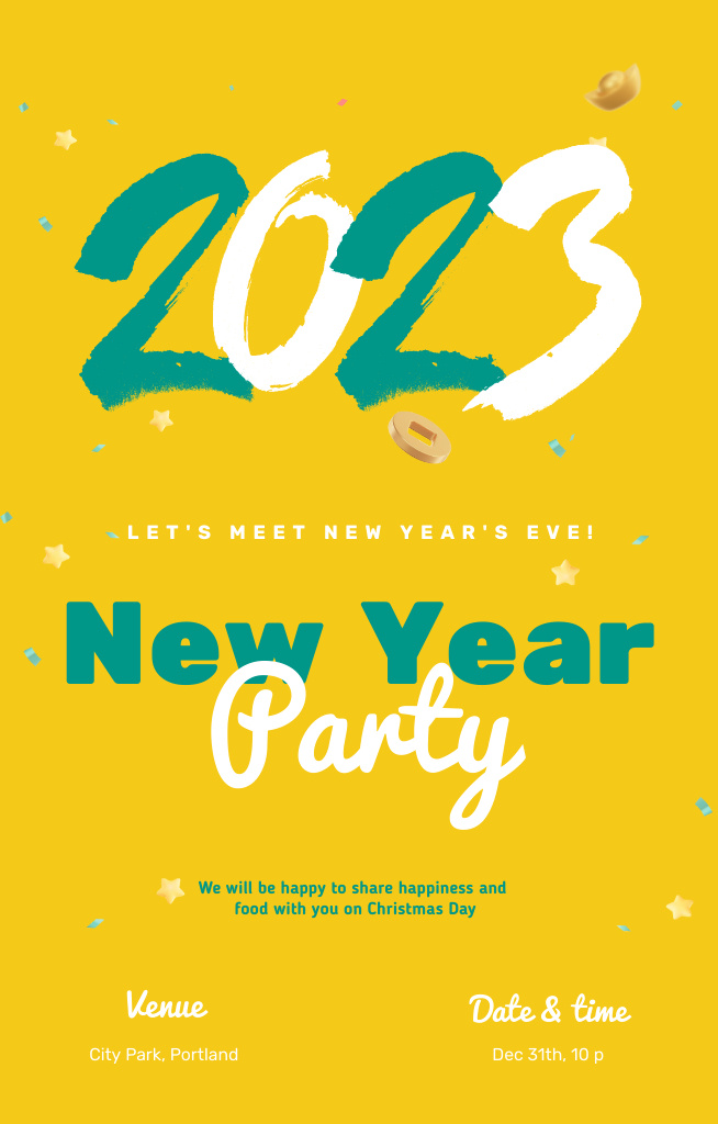 New Year Party Announcement on Yellow Invitation 4.6x7.2inデザインテンプレート