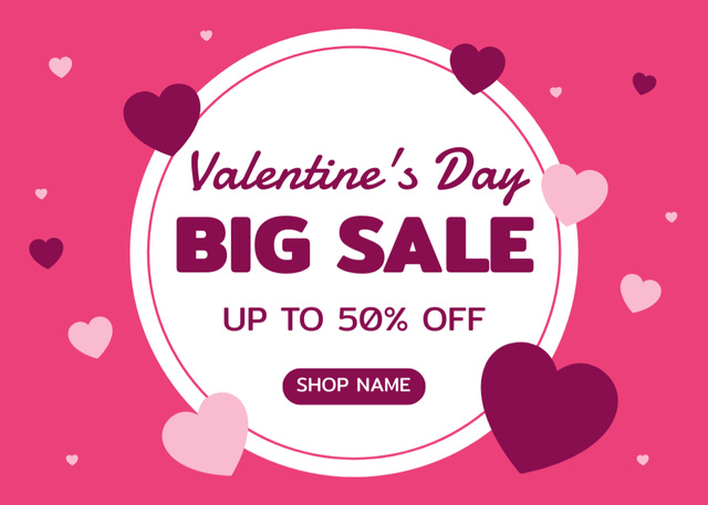 Valentine's Day Big Sale Ad with Pink Hearts and Discount Offer Postcard 5x7in Tasarım Şablonu