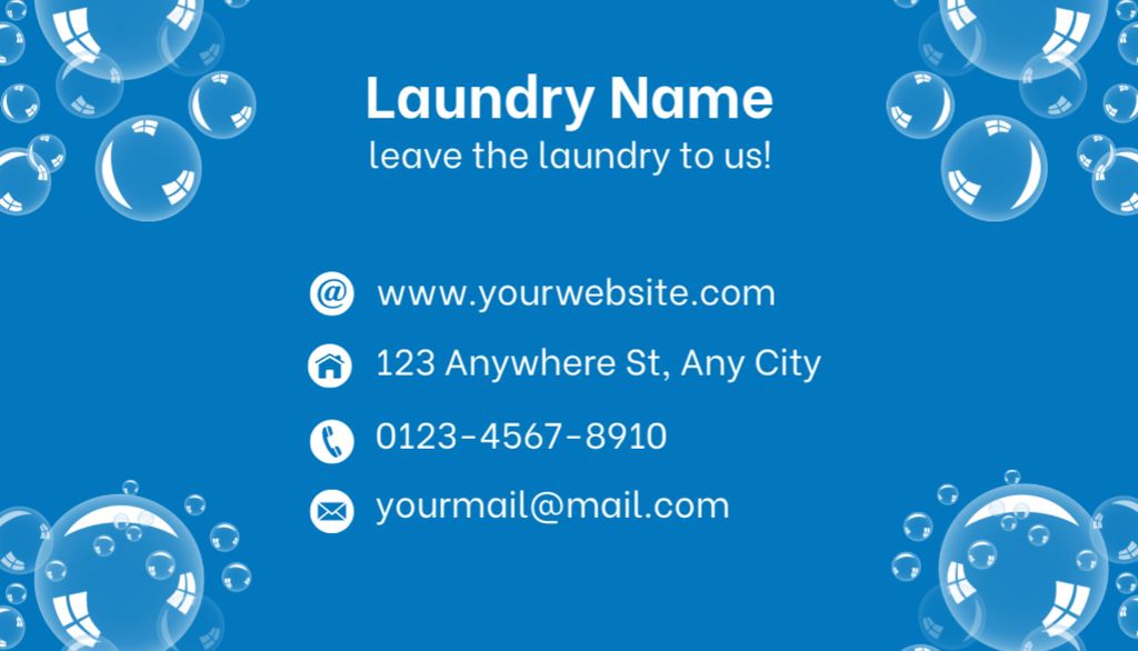 Laundry Service Offer on Blue Layout with Soap Bubbles Business Card US Tasarım Şablonu