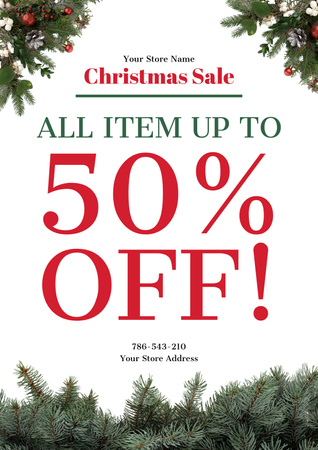 Christmas Sale Ad with Pine Tree Branches Poster Design Template
