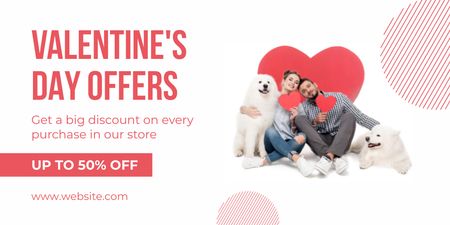 Valentine's Day Discount Offer with Couple in Love and Dogs Twitter Design Template