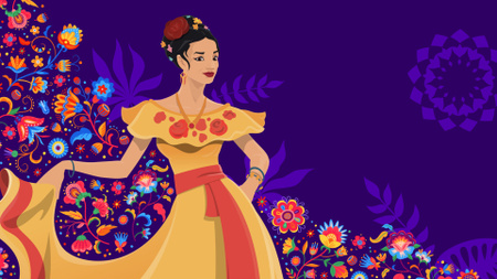 Mês da Herança Hispânica Nacional com Mulher em Traje Tradicional e Padrão Floral Zoom Background Modelo de Design