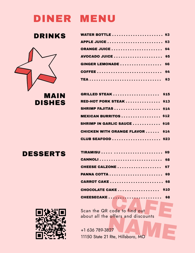 Retro Style Pink Plain Diner or Cafe with Star in Pink Menu 8.5x11inデザインテンプレート