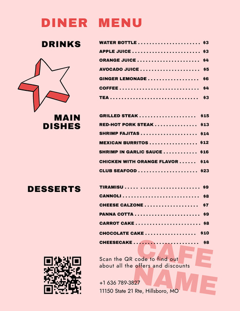 Retro Style Pink Plain Diner or Cafe with Star in Pink Menu 8.5x11in Šablona návrhu