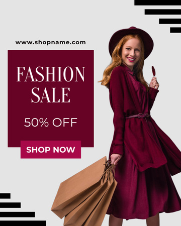 Fashion Sale with Woman in Cute Purple Dress Instagram Post Vertical Modelo de Design