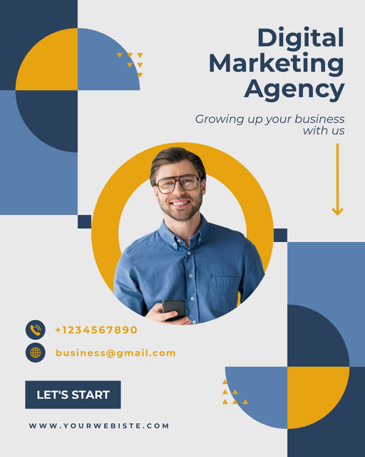 Designvorlage Digital Marketing Agency Services with Smiling Businessman für Instagram Post Vertical