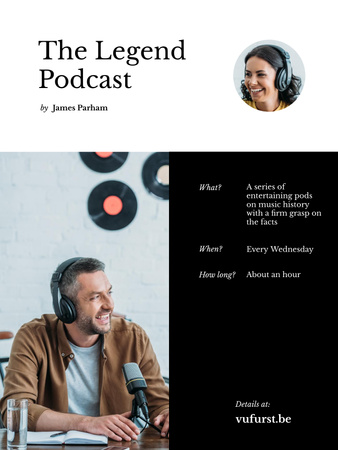 Podcast-bejelentés fejhallgatós férfival Poster US tervezősablon