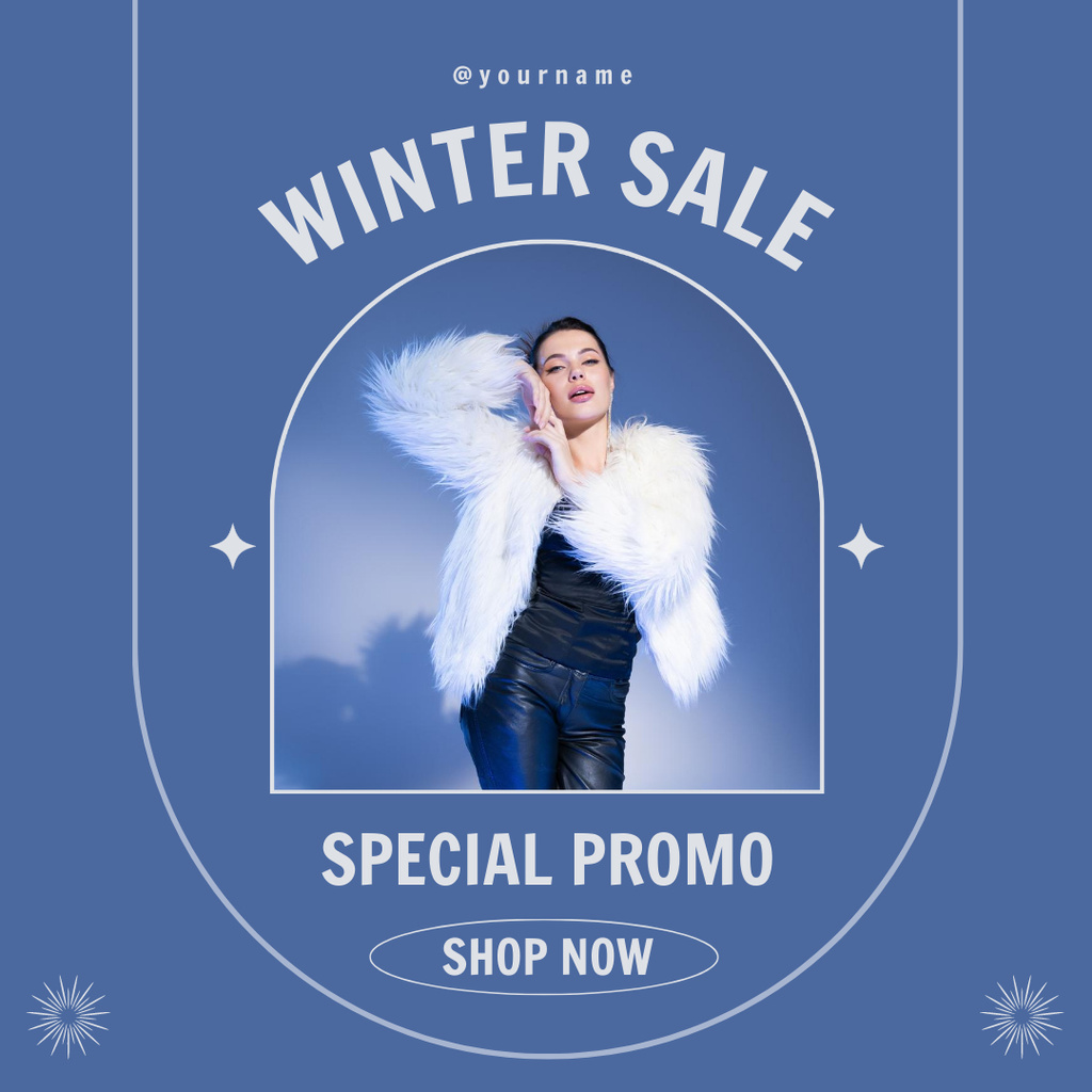 Winter Sale Special Promotion with Woman in White Fur Coat Instagram Design Template