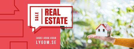 Real Estate Ad with Hand Holding House Model Facebook cover Design Template
