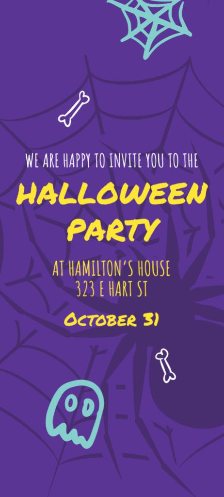 Halloween Party Announcement With Spider Web on Purple Invitation 9.5x21cm Šablona návrhu