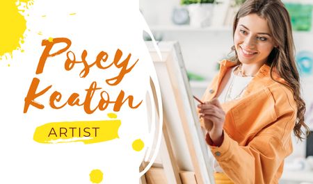 Art Lessons Ad with Woman Painting by Easel Business card Design Template