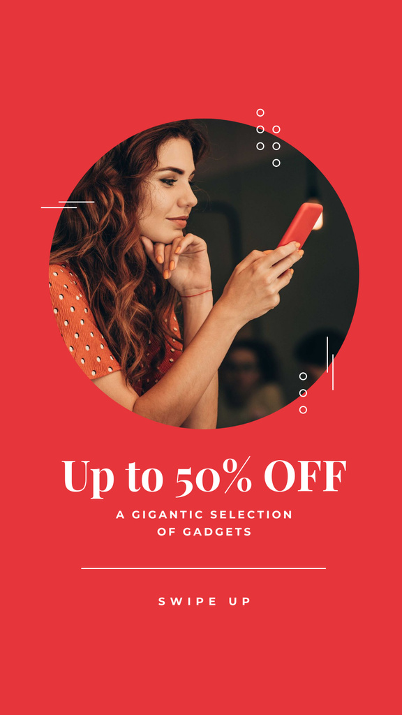 Gadgets Sale Ad with Woman using Phone Instagram Storyデザインテンプレート