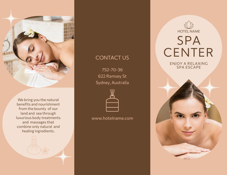 Spa Center Services with Beautiful Young Woman on Massage Brochure 8.5x11in Design Template