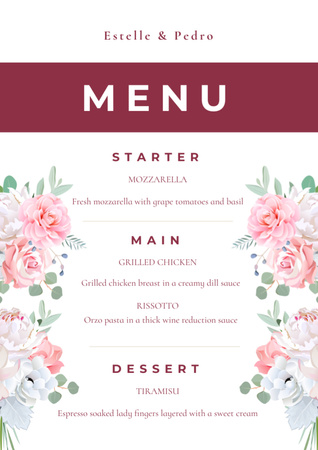 Romantic Wedding Dishes List with Roses Menu Modelo de Design