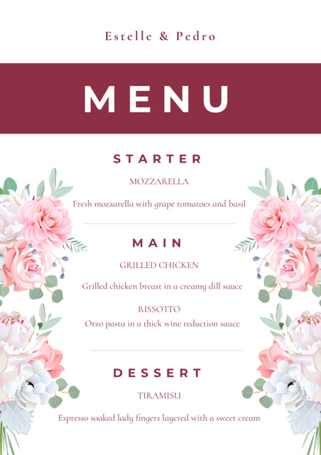 Romantic Wedding Dishes List with Roses Menu Tasarım Şablonu
