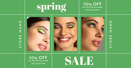 Designvorlage Spring Sale mit junger Frau mit schönem Make-up für Facebook AD