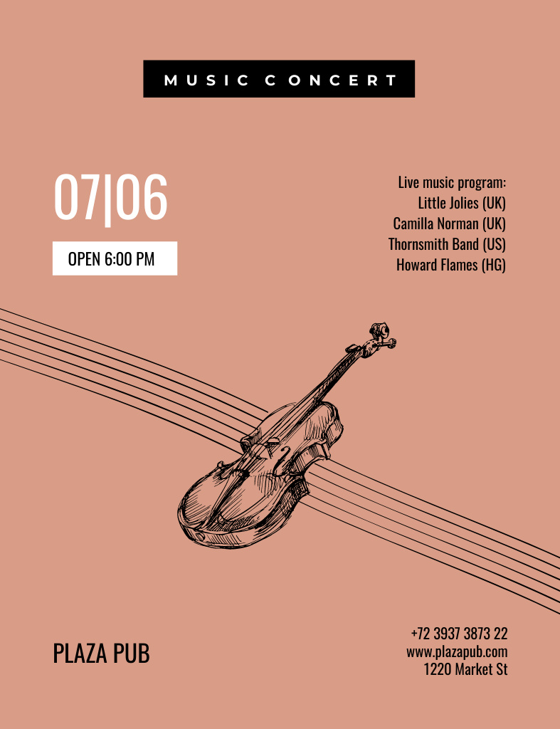 Announcement Of Classical Music Event With Violin Invitation 13.9x10.7cm Design Template