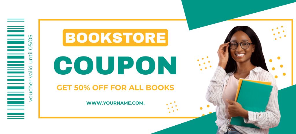 Bookstore's Discount Voucher with Smilling Young Woman Coupon 3.75x8.25in Modelo de Design
