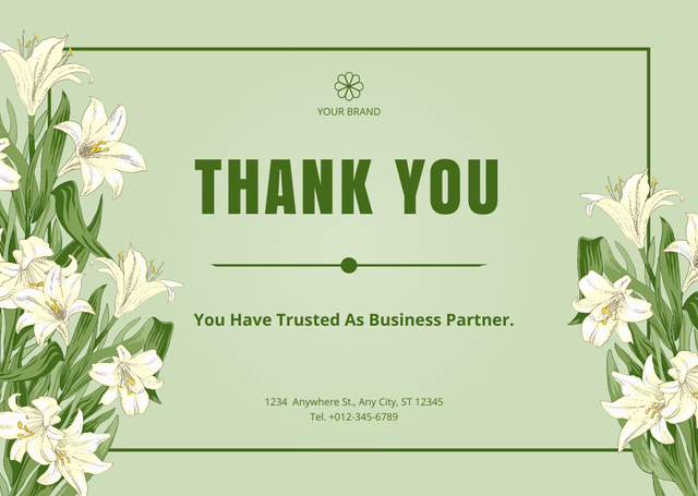 Plantilla de diseño de Thank You Message with White Lilies on Green Card 