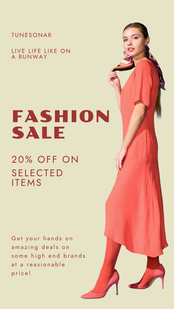 Female Fashion Clothes Sale with Woman in Long Red Dress Instagram Story Design Template