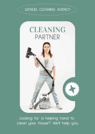 Platilla de diseño Cleaning Agency Ad with Girl with Vacuum Cleaner Poster