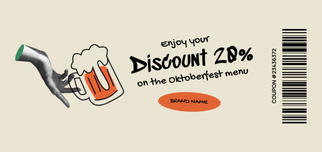Oktoberfest Celebration Announcement with Hand and Beer Coupon Din Large Modelo de Design