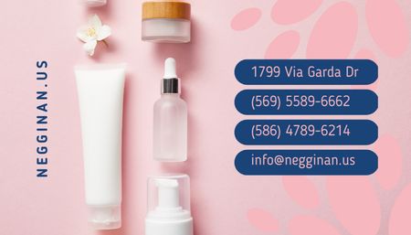 Designvorlage Kosmetikangebot mit Hautpflegeprodukten in Pink für Business Card US