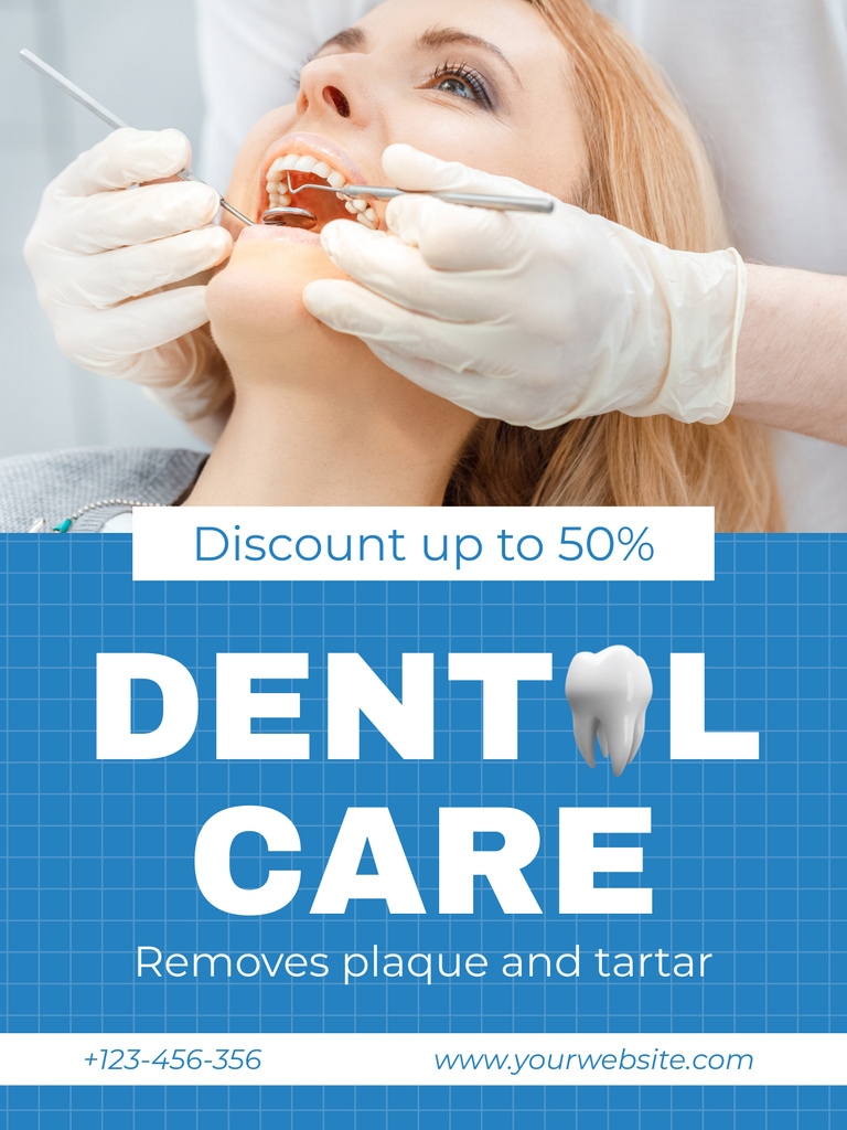 Dental Care Ad with Woman on Checkup Poster US Tasarım Şablonu