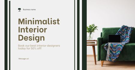 Reklama na minimalistický design interiéru se zelenou pohovkou Facebook AD Šablona návrhu