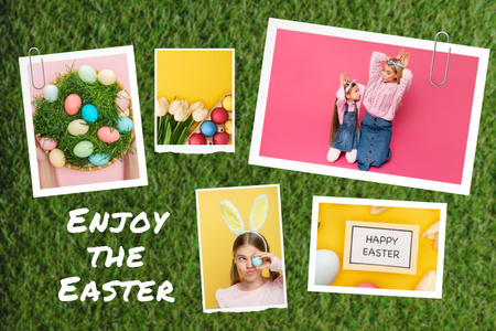Húsvéti kollázs boldog gyerekekkel és színes tojásokkal a füvön Mood Board tervezősablon