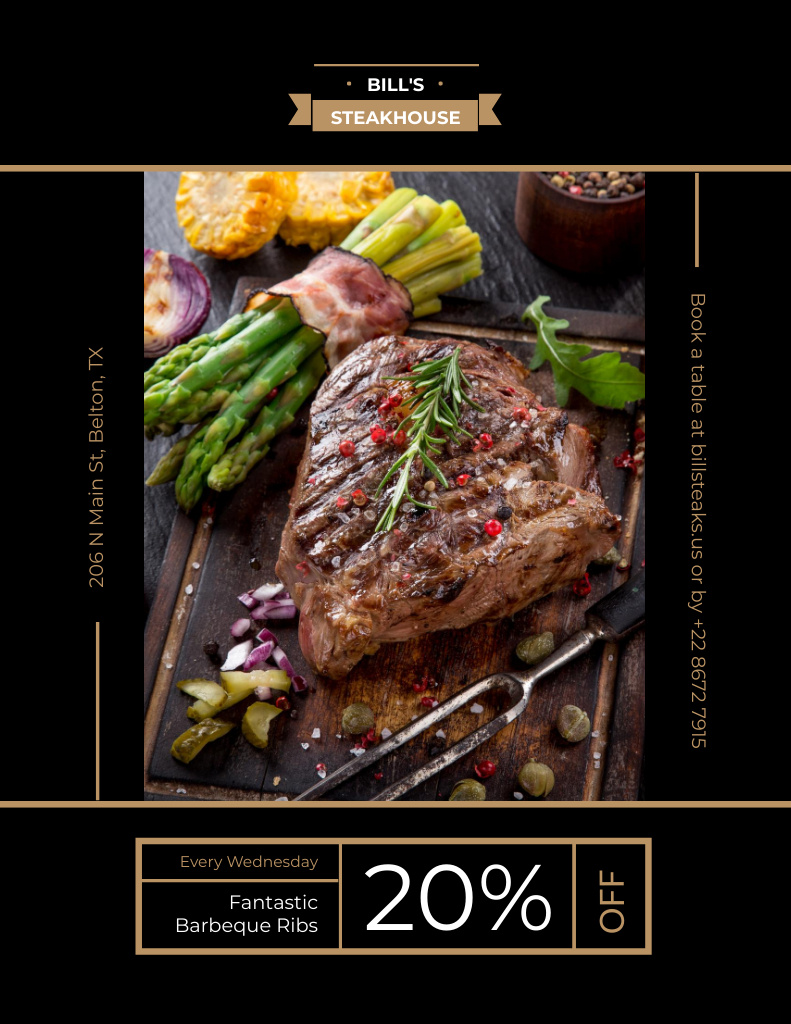 Restaurant Offer with Delicious Grilled Beef Steak on Black Flyer 8.5x11in Tasarım Şablonu