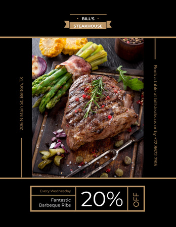 Restaurant Offer with Delicious Grilled Beef Steak on Black Flyer 8.5x11in Design Template