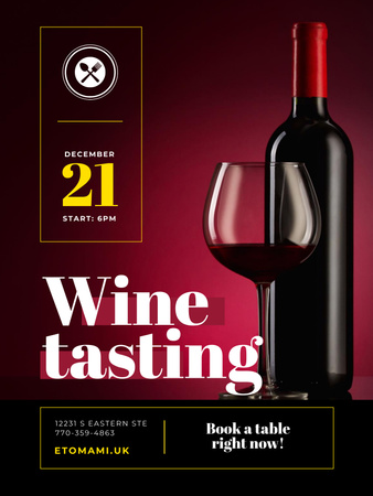 Wine Tasting Event with Red Wine in Glass and Bottle Poster USデザインテンプレート