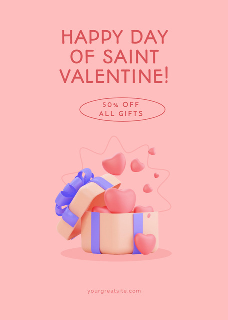 Designvorlage Valentine's Sale Offer with Hearts in Gift Box für Postcard 5x7in Vertical