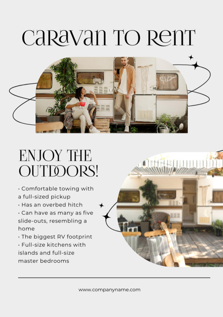 Travel Trailer Rent Ad with Couple Inside Flyer A5 Design Template