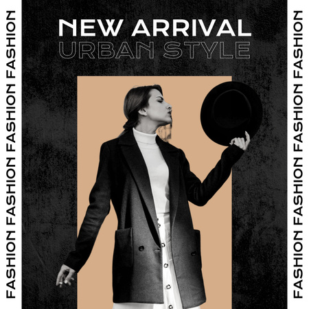 Urban Style Collection Anouncement with Woman in Black Coat Instagram tervezősablon