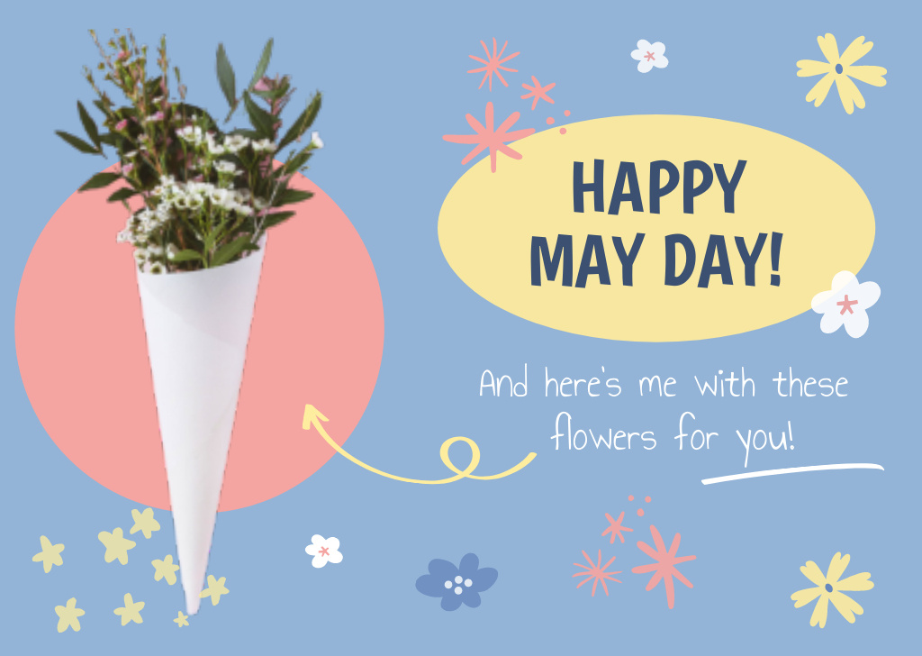May Day Celebration Announcement with Bright Flowers Postcardデザインテンプレート