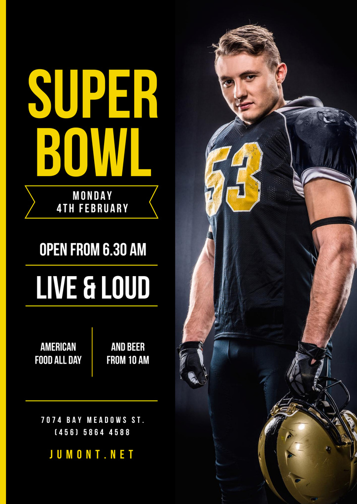 Platilla de diseño Super Bowl Match Offer with Player in Uniform Poster