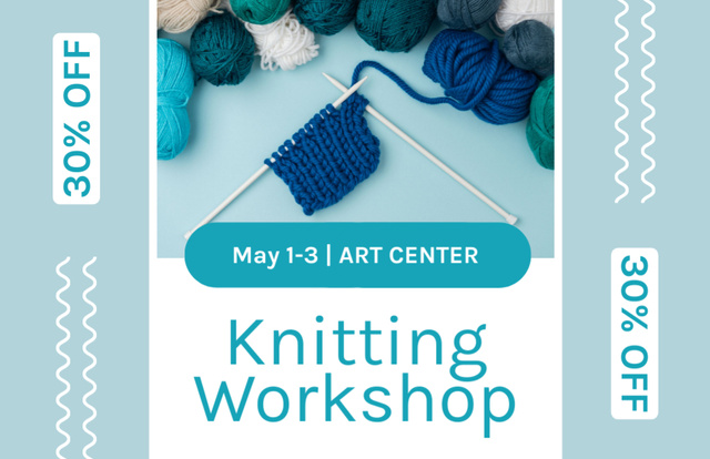 Knitting Workshop Ad on Blue Thank You Card 5.5x8.5in Design Template