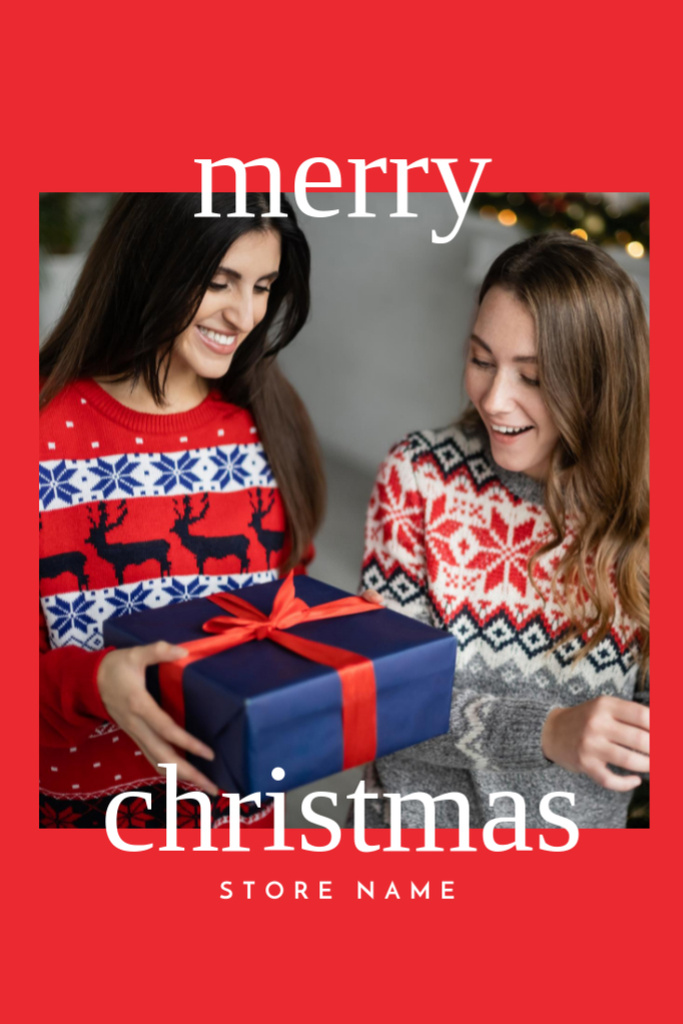 Ontwerpsjabloon van Postcard 4x6in Vertical van Lovely Christmas Congrats And Present In Red