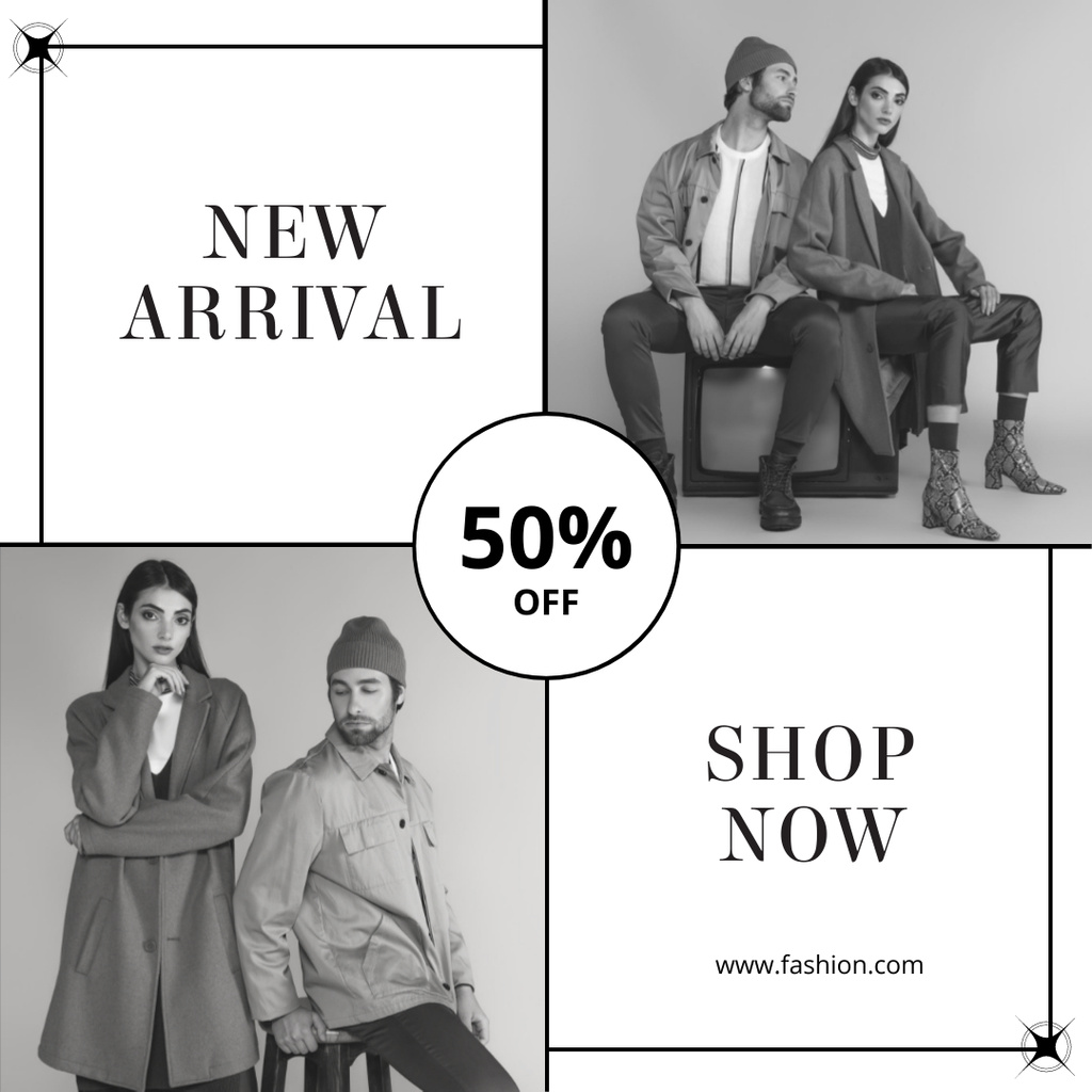 Fashion Collection Ad with Black and White Photos of Couple Instagramデザインテンプレート