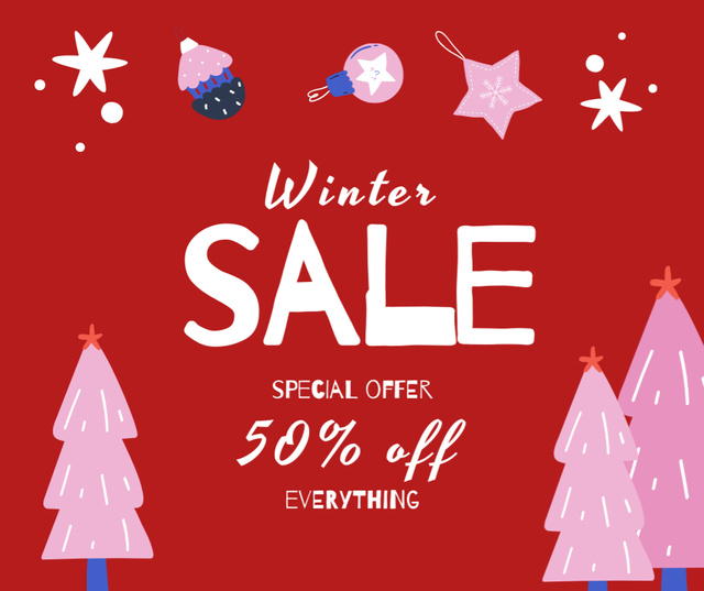 Special Winter Sale Announcement with Doodle Illustration on Red Facebook Modelo de Design