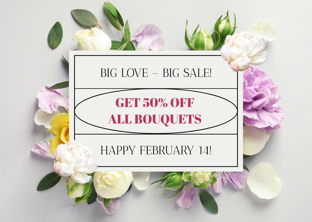 Discount on Bouquets on Valentine's Day Postcard – шаблон для дизайна