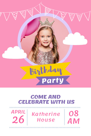 Birthday Party Invitation with Cute Girl Flyer 4x6in Design Template