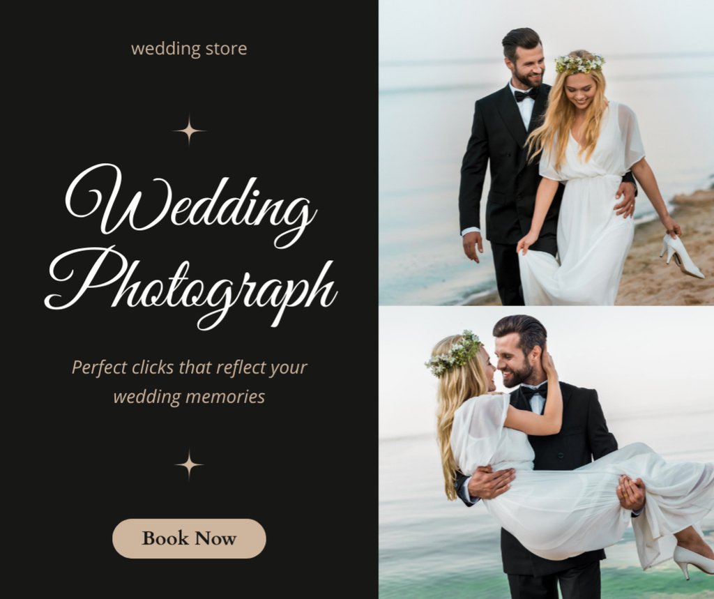 Wedding Photo Services Offer with Happy Couple on Beach Facebook Modelo de Design
